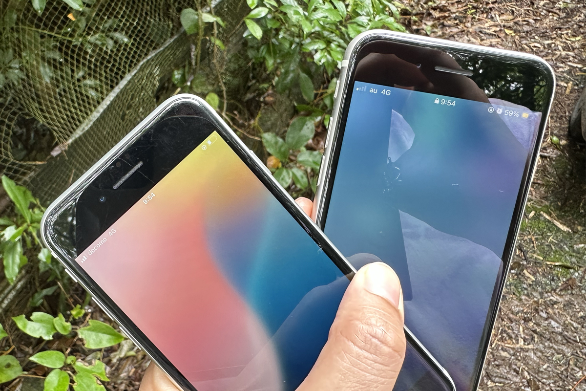 山奥でahamo（左・docomo 4G 3本）とpovo（右・au 4G 1本）のアンテナ本数を並べて撮影