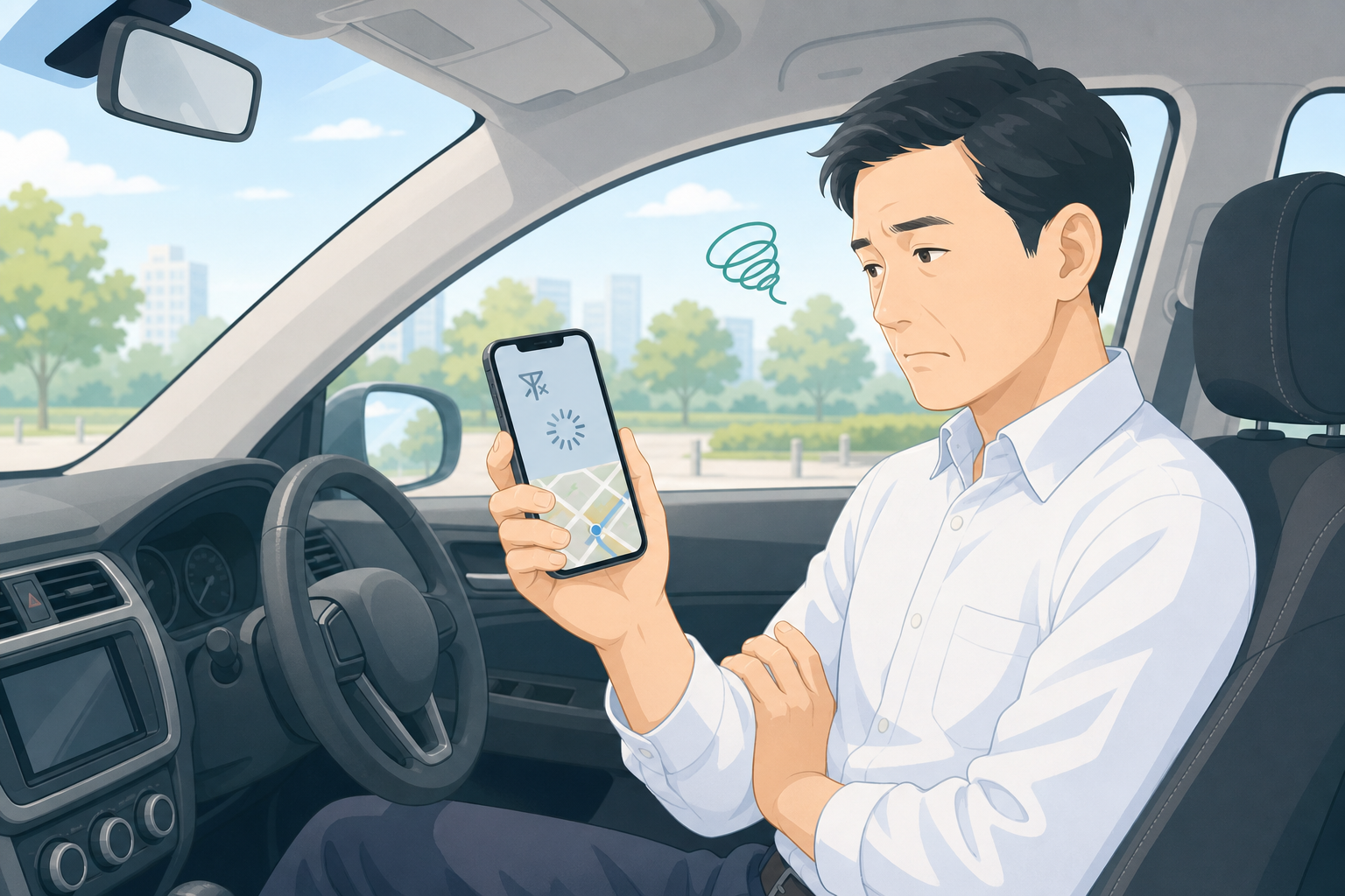 車の運転席で、地図アプリがくるくる回り圏外表示になったスマホを見て困っている様子
